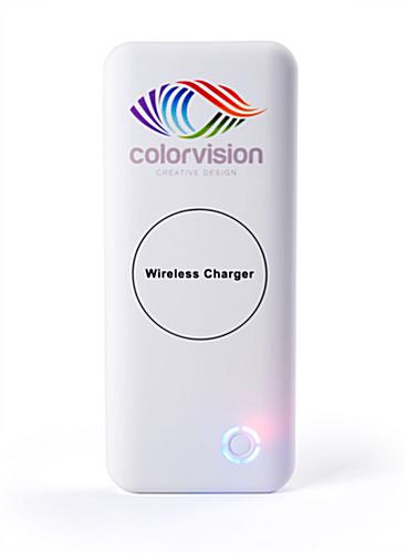 White branded wireless charger bank with overcharge protection