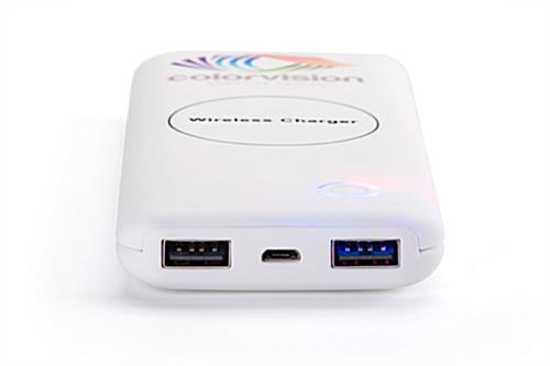 White branded wireless charger bank with two 5V/2.1A USB ports