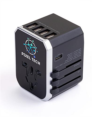 Black promotional universal travel adapter can be used in over 200 countries