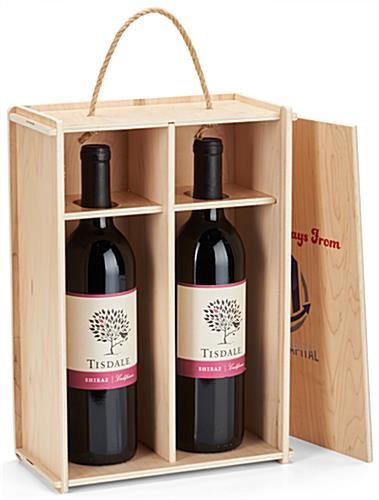 Custom printed wooden wine gift box with a swinging front door 
