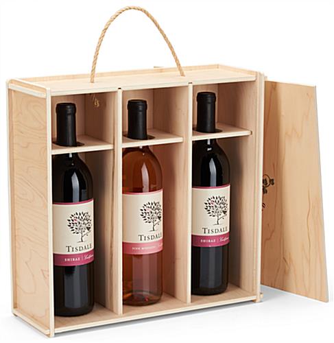 Custom printed wooden wine gift box with 3 compartments 