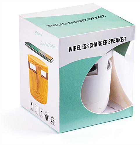 White promotional wireless charger with Bluetooth speaker and gift box