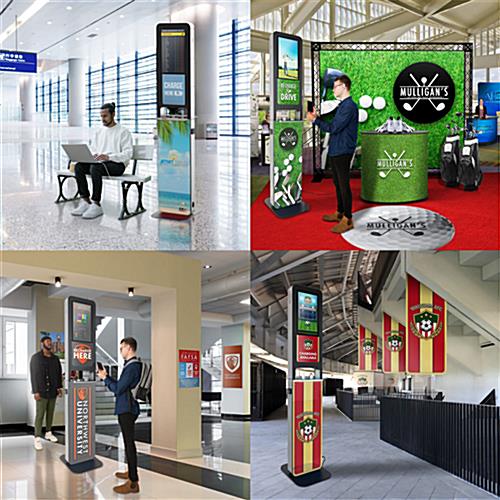 Charging station with dual screens and custom graphics in four different environments