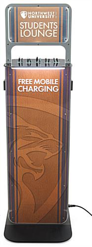 Phone charging station kiosk with custom graphics  and universal outlets