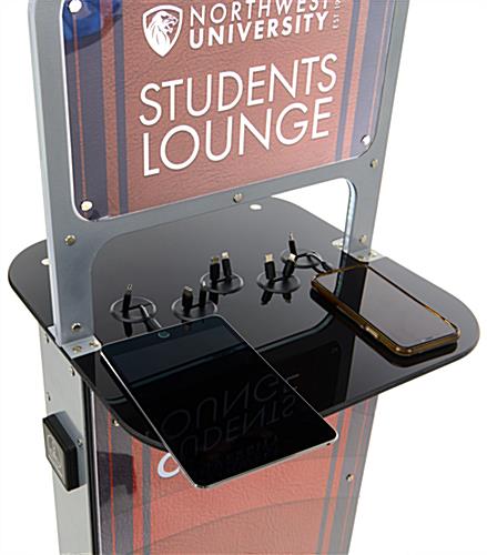 Phone charging station kiosk with custom graphics charges tablets and phones
