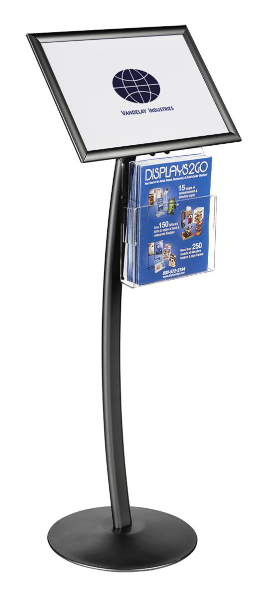 17" x 11" Black Sign Display with Magazine Tray and Curved Post