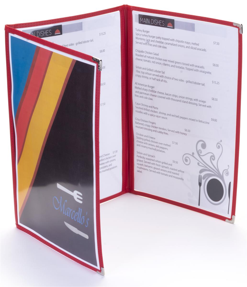 Red 8.5” x 14” (3) Panel Clear Menu Covers Cuisine Jacket