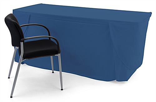Navy convertible table cover with custom printing is machine washable