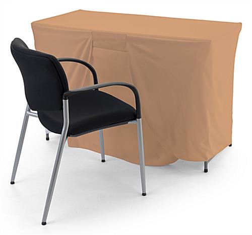 Beige convertible table cover with custom printing is machine washable 