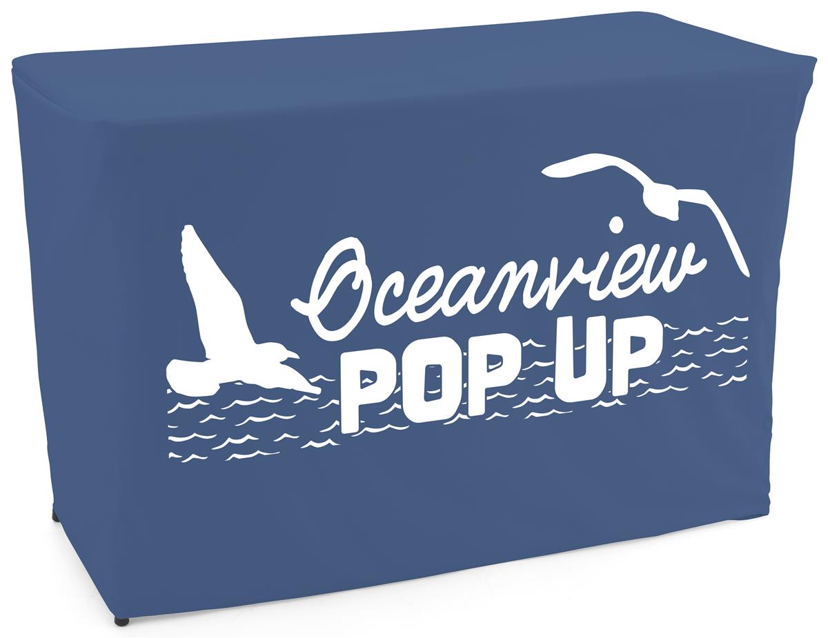 Navy convertible table cover with custom printing and one color imprint