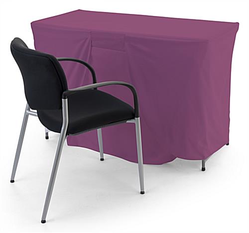 Purple convertible table cover with custom printing and 4 or 6 foot coverage 