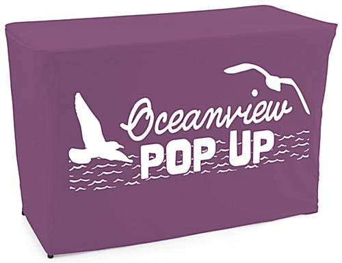 Purple convertible table cover with custom printing and one color imprint