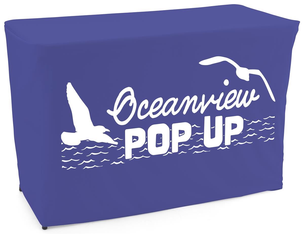 Royal blue convertible table cover with custom printing up to 6 foot coverage
