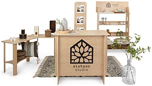 Custom-printed wooden display counter is made up of 5 individual pieces