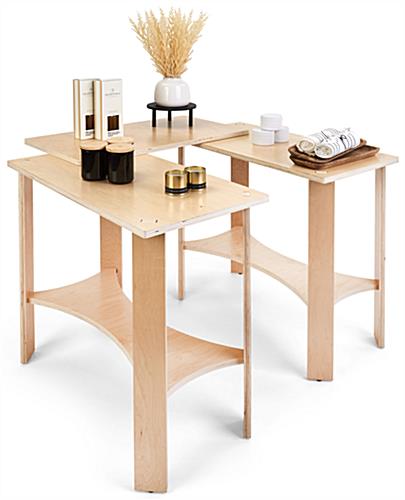 Collapsible wooden display tables with 2 support bars and protective feet 