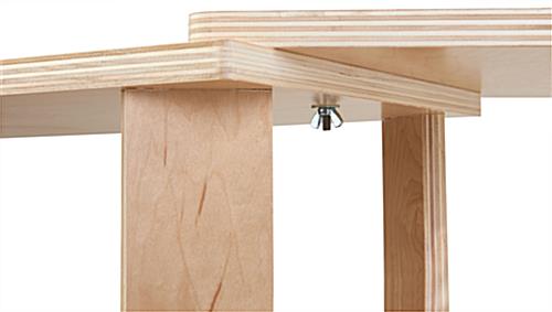 Collapsible wooden display tables with screw attachment and hinge design