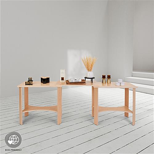 Collapsible wooden display tables with floor standing placement 