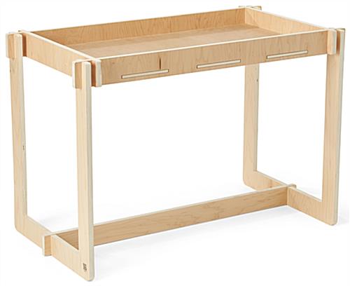 Wooden retail dump table with simple hassle-free assembly 