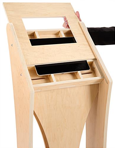 Wooden iPad floor stand in landscape orientation