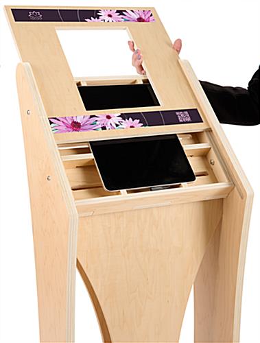 Wooden iPad kiosk with graphics with sliding faceplate in portrait orientation