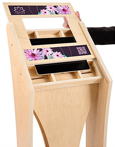 Wooden iPad kiosk with graphics with sliding faceplate in landscape orientation