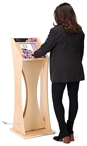 Wooden iPad kiosk with graphics and minimal assembly