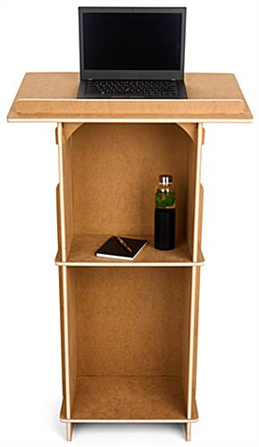 Portable podium with hidden storage shelves that hold up to 25 pounds each