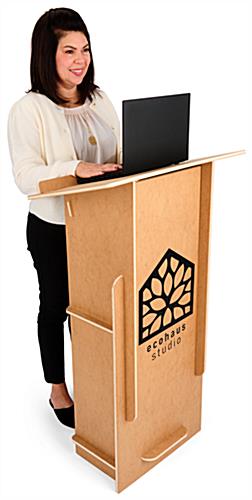 Collapsible podium with custom graphics is made of eco-friendly  FSC® certified wood material 