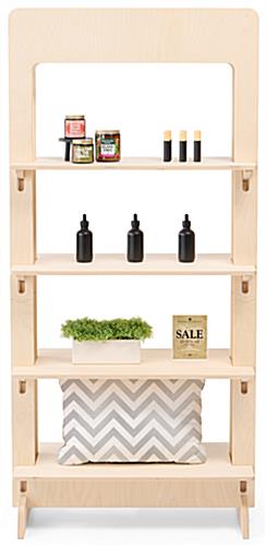 Wood freestanding shelving unit with dual-sided merchandising capabilities