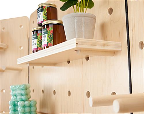 Wall mount swinging pegboard with 30 dowels and 8 shelves