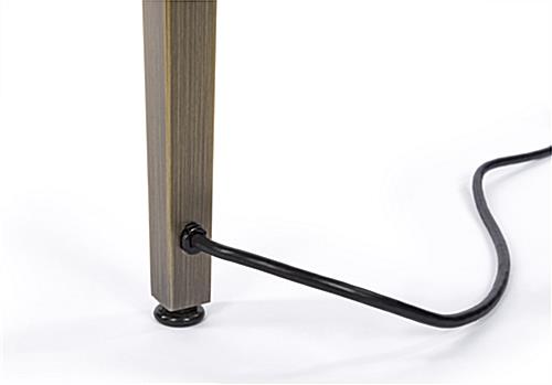 Vitrine top pedestal table showcase with discrete cord exit on leg
