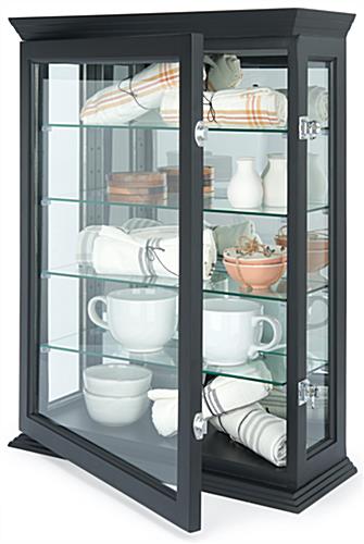 Wall mounted curio cabinet with swing-open door