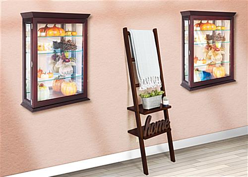 Wall mounted curio cabinet with mahogany finish