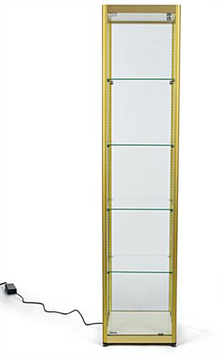 full glass narrow tower with four-tier shelving