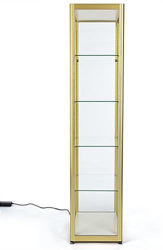 full glass narrow display cabinet with four shelving tiers