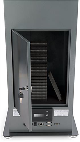 Exhibit pedestal case with video screen has storage space on the backside 