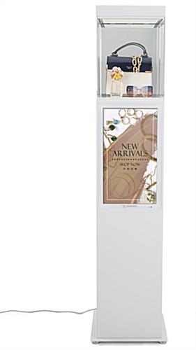Exhibit pedestal case with video screen and small footprint