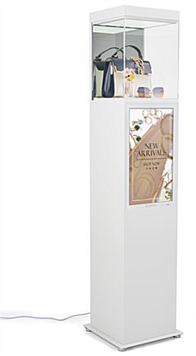 Exhibit pedestal case with video screen and dimmable showcase 