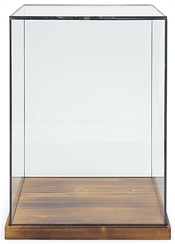 Tall wood and glass countertop display case with deep groove in base to keep cover secure