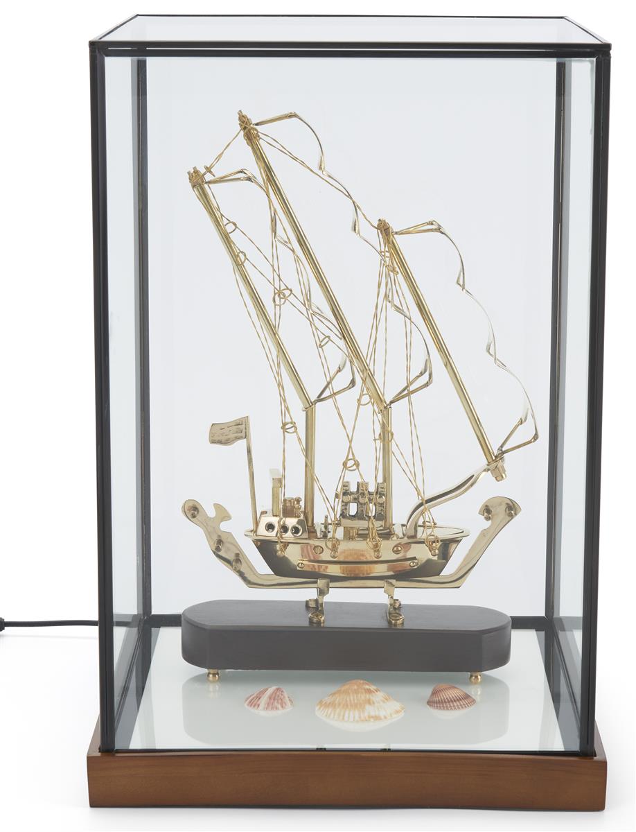 LED Glass Tabletop Display Box Black Copper Frame w/ Wood Base