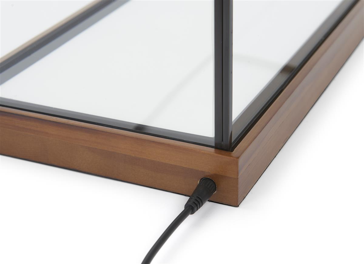 LED Glass Tabletop Display Box | Black Copper Frame w/ Wood Base