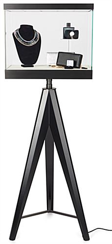 This glass display box with tripod base has an overall box dimension of 24 inches by 16 inches