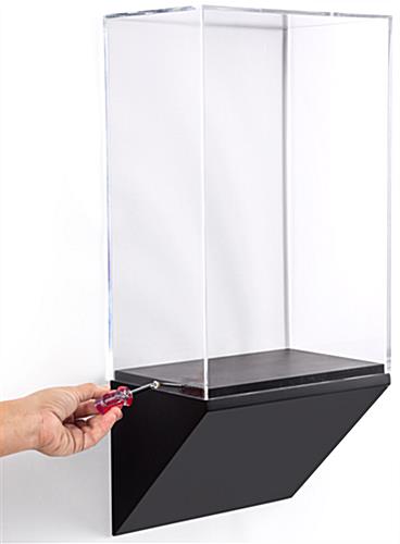 Wedge pedestal wall display case with hardware to secure enclosure to base
