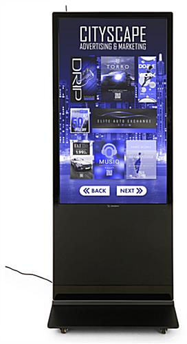 Front view of black 55" digital touch screen kiosk stand