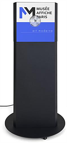 Three-sided digital signage totem measures 31 inches wide by 71 inches tall 