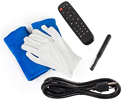 Your purchase includes power cord, antenna, remote and white gloves for handling