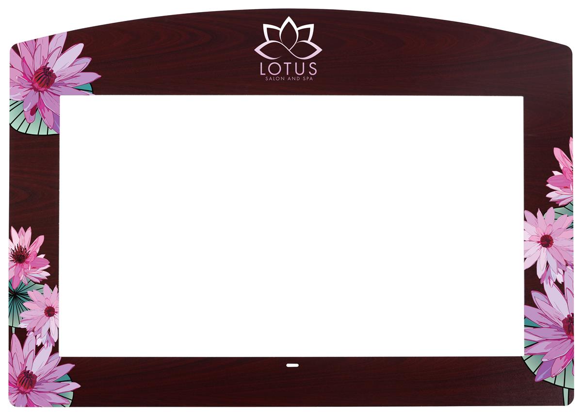 Stick-on faceplate for commercial monitors with custom printing and faux mahogany finish