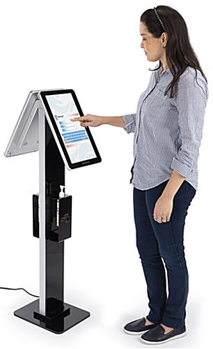 Double sided digital signage with sanitizer station and two 10 point touchscreens 