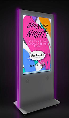Edge-lit digital marketing kiosk with color changing LED side panels 