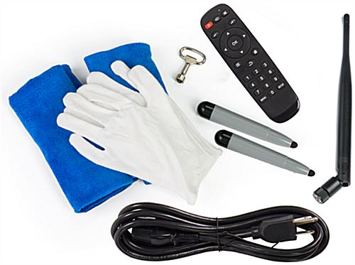 Digital signage display includes cleaning kit and remote control 